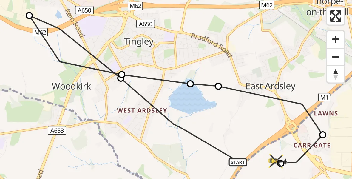 Flight path map showing Police Helicopter route from East Ardsley to East Ardsley