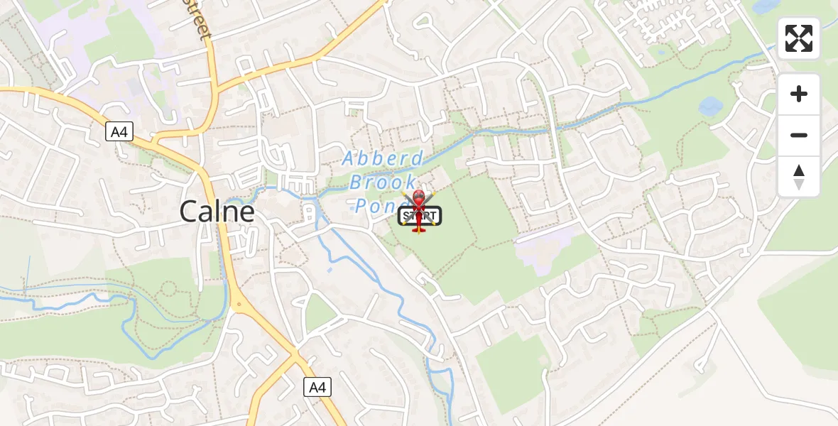 Flight path map showing Air Ambulance Helicopter route from Calne to Calne