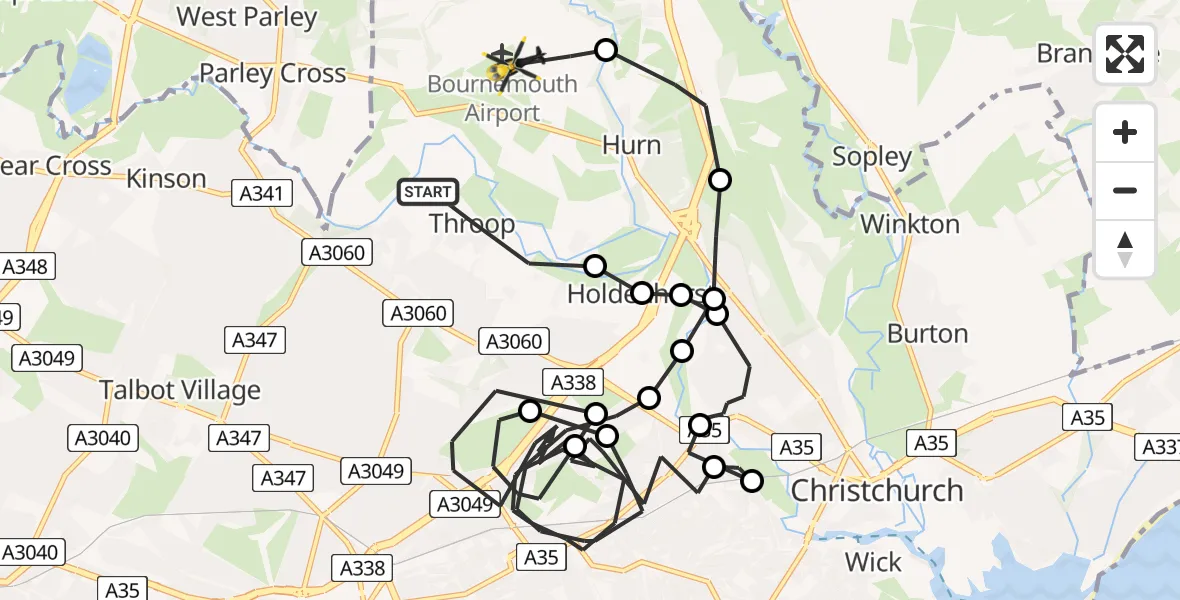Flight path map showing Police Helicopter route from Throop to Bournemouth Airport