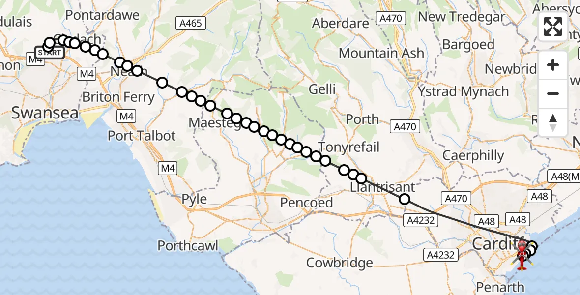 Flight path map showing Air Ambulance Helicopter route from Morriston Hospital Helipad to Cardiff Heliport