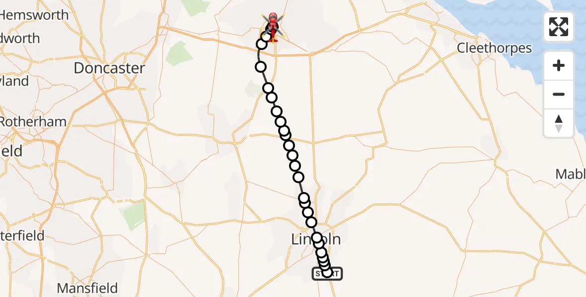 Flight path map showing Air Ambulance Helicopter route from RAF Waddington to Scunthorpe
