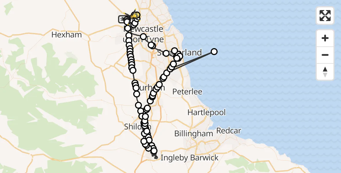 Flight path map showing Police Helicopter route from Callerton to Newcastle International Airport