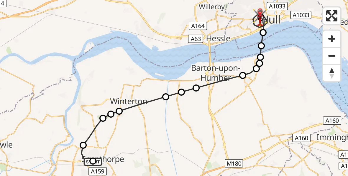 Flight path map showing Air Ambulance Helicopter route from Scunthorpe Hospital to Hull Royal Infirmary