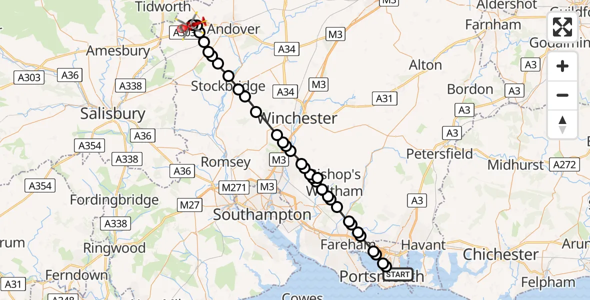 Flight path map showing Air Ambulance Helicopter route from Portsmouth to Thruxton