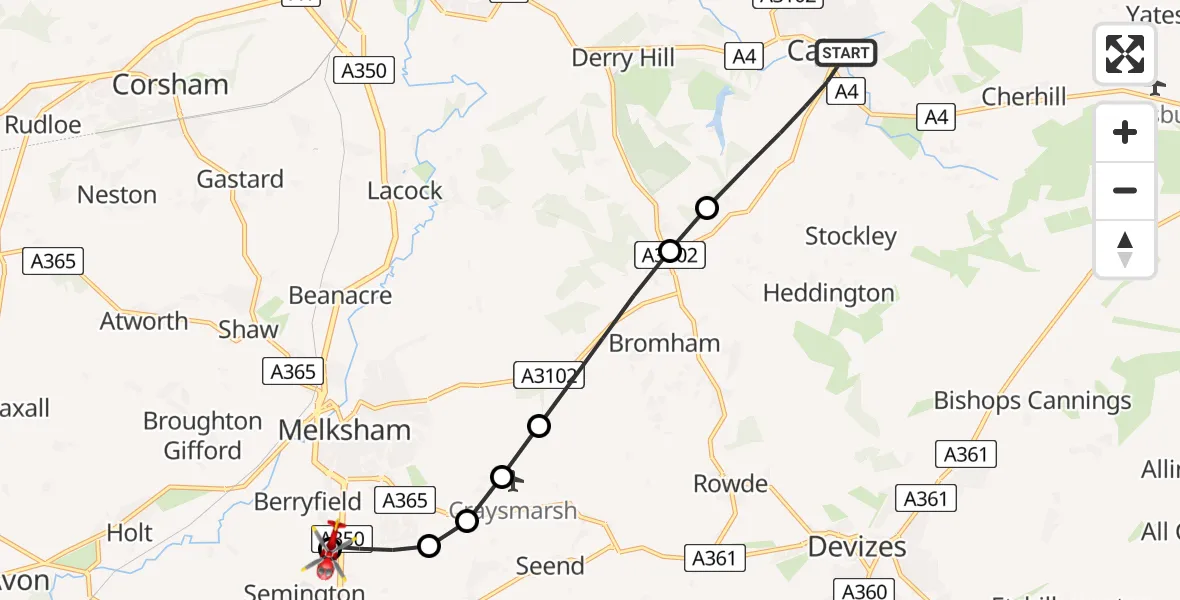 Flight path map showing Air Ambulance Helicopter route from Calne to Wiltshire Air Ambulance