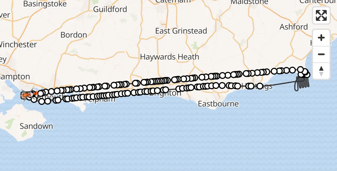 Flight path map showing Coastguard Helicopter route from Solent Airport to Solent Airport