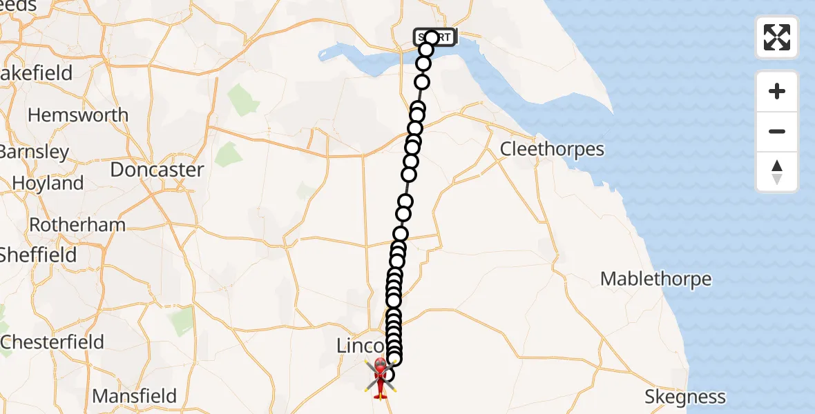 Flight path map showing Air Ambulance Helicopter route from Hull Royal Infirmary to North Kesteven