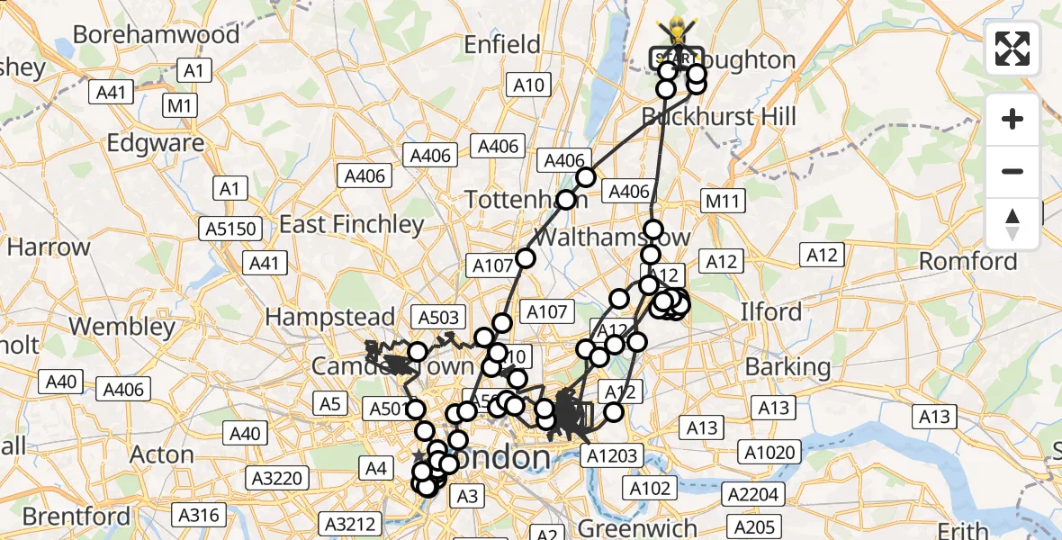 Flight path map showing Police Helicopter route from Metropolitan Police Air Support Unit Lippitts Hill to Sewardstonebury