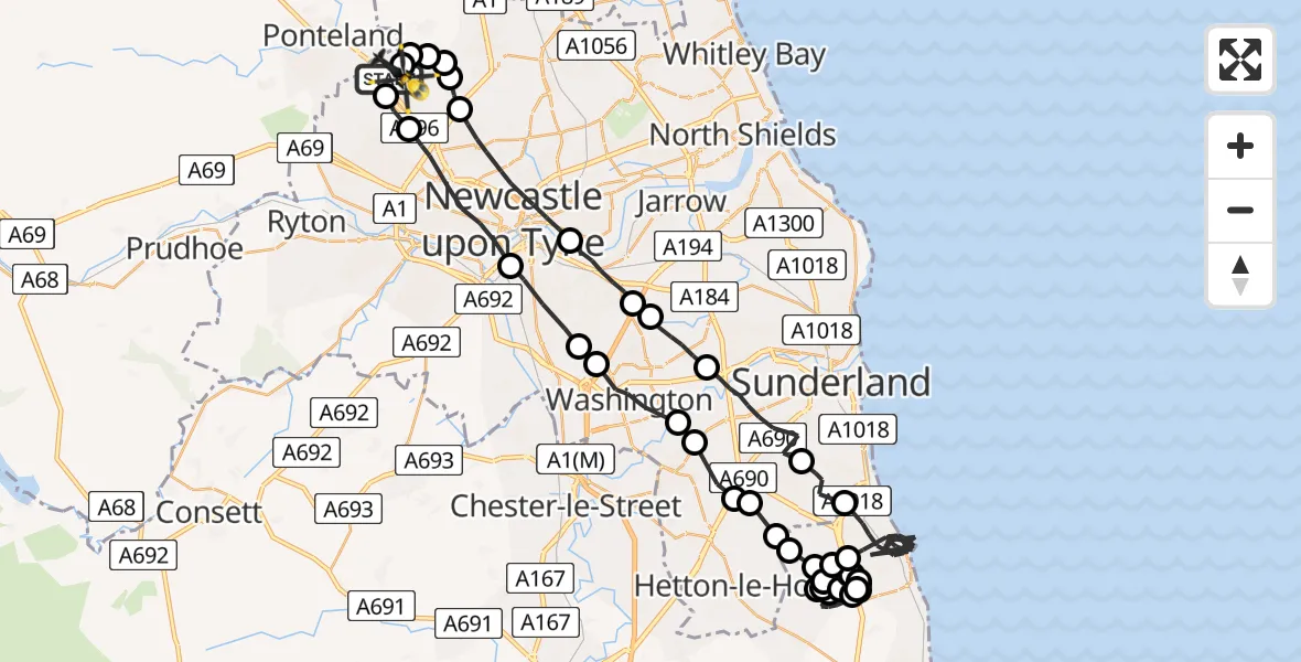 Flight path map showing Police Helicopter route from Newcastle International Airport to Newcastle International Airport