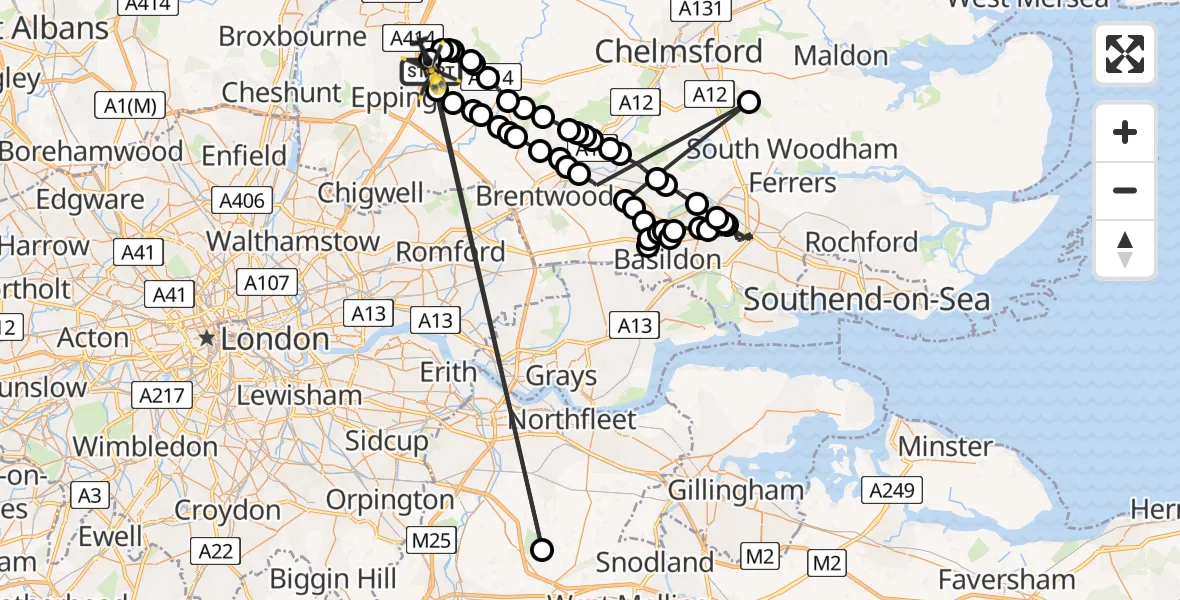 Flight path map showing Police Helicopter route from North Weald Airfield to North Weald Airfield