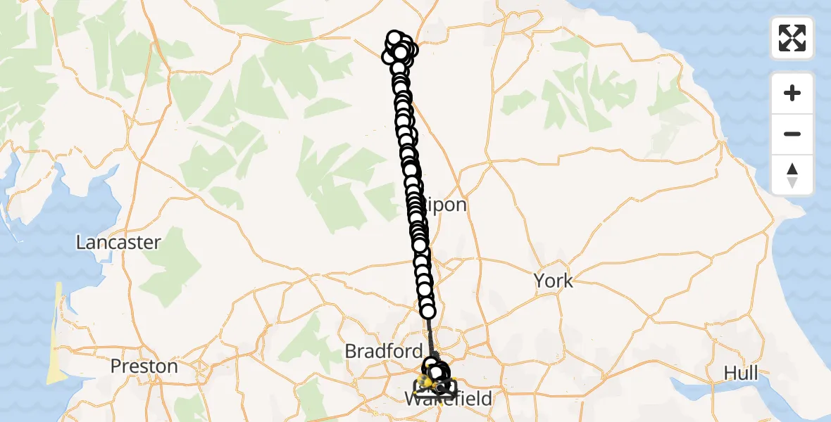 Flight path map showing Police Helicopter route from East Ardsley to East Ardsley