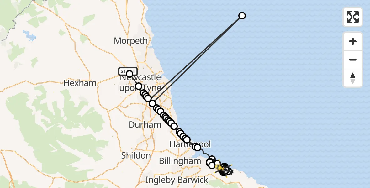 Flight path map showing Police Helicopter route from Callerton to Brotton