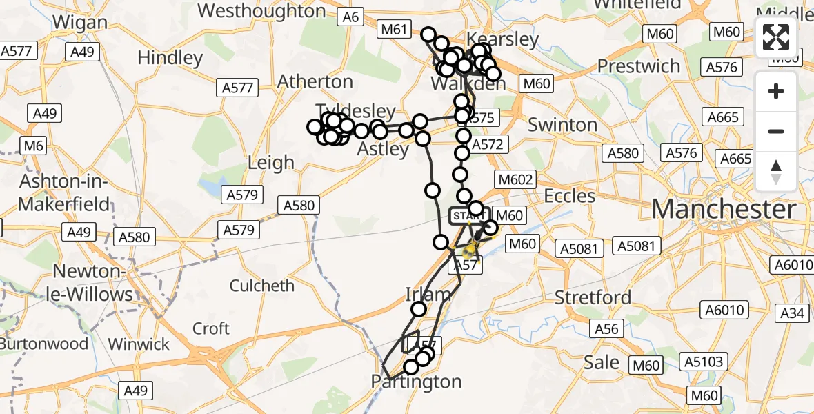 Flight path map showing Police Helicopter route from Irlam to Manchester Barton Aerodrome
