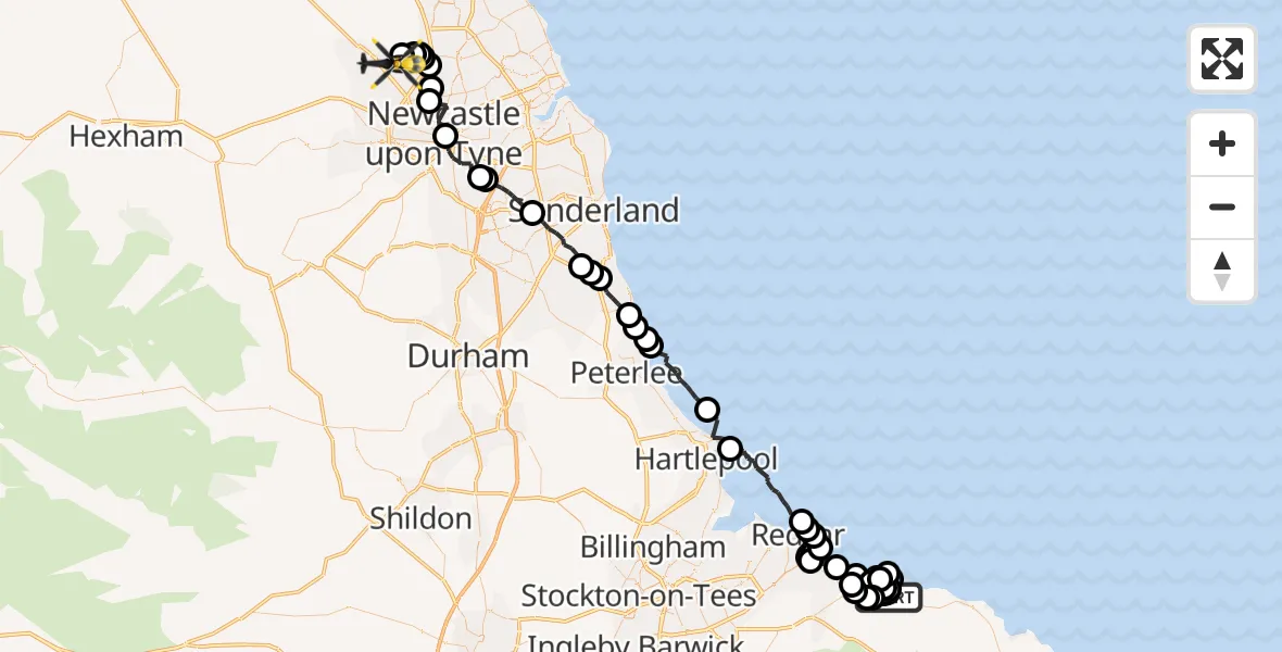Flight path map showing Police Helicopter route from Brotton to Newcastle International Airport