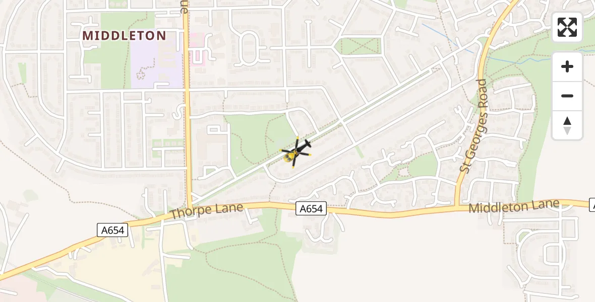 Flight path map showing Police Helicopter route from Thorpe-on-the-Hill to Thorpe-on-the-Hill