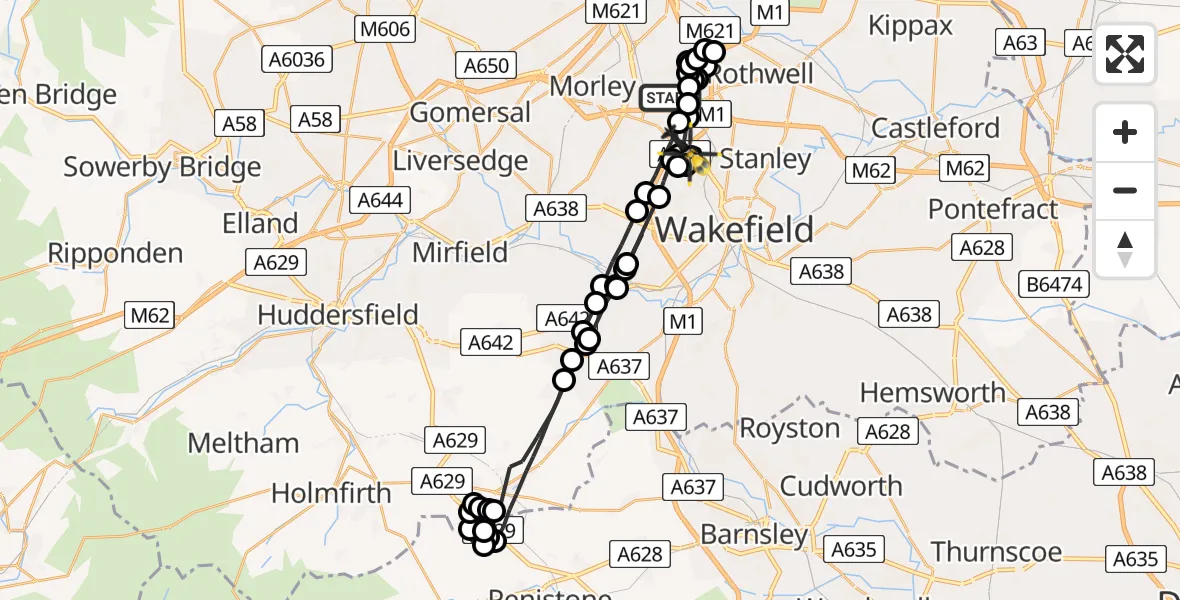 Flight path map showing Police Helicopter route from Thorpe-on-the-Hill to East Ardsley