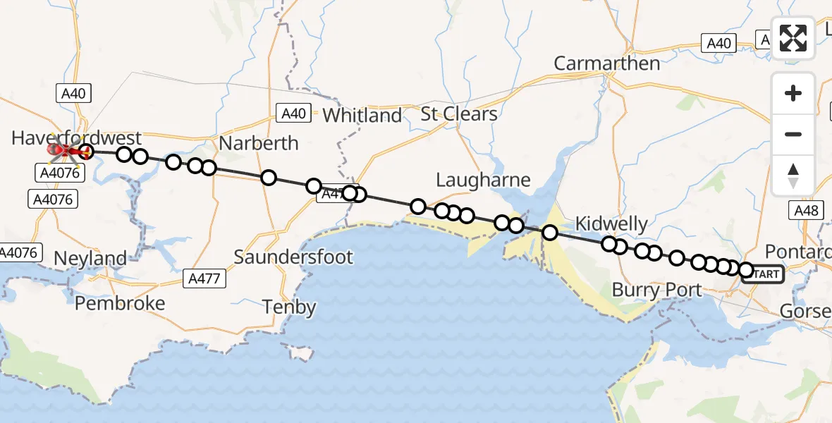 Flight path map showing Air Ambulance Helicopter route from Dafen to Haverfordwest