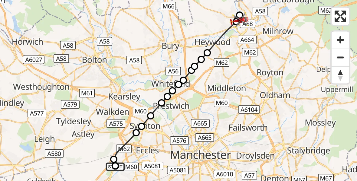 Flight path map showing Air Ambulance Helicopter route from Manchester Barton Aerodrome to Rochdale