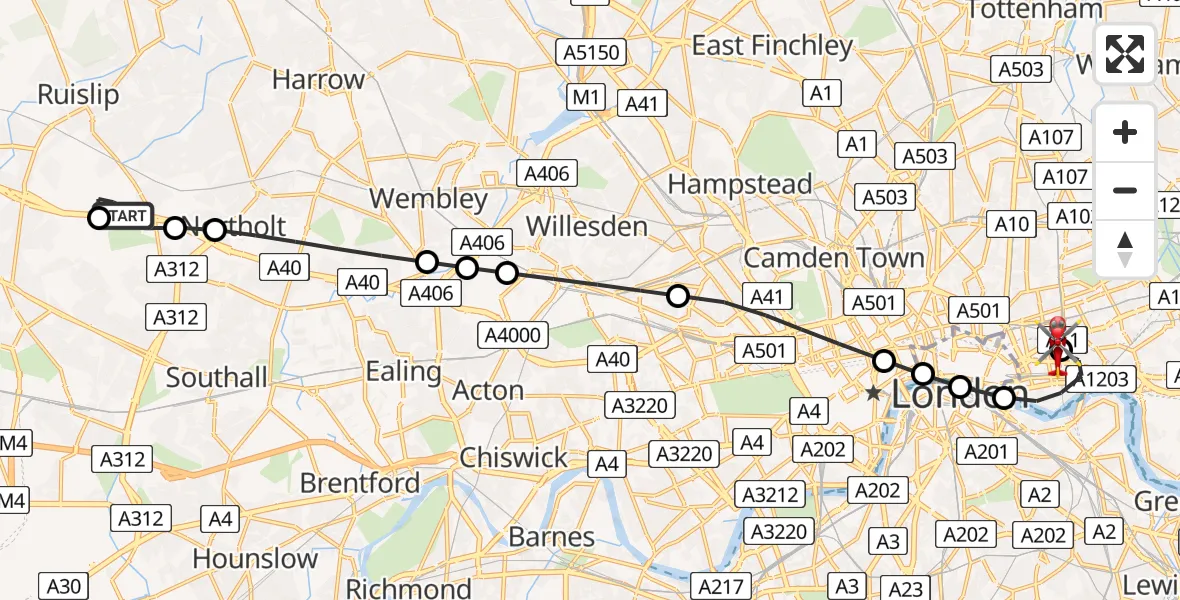 Flight path map showing Air Ambulance Helicopter route from RAF Northolt to Royal London Hospital