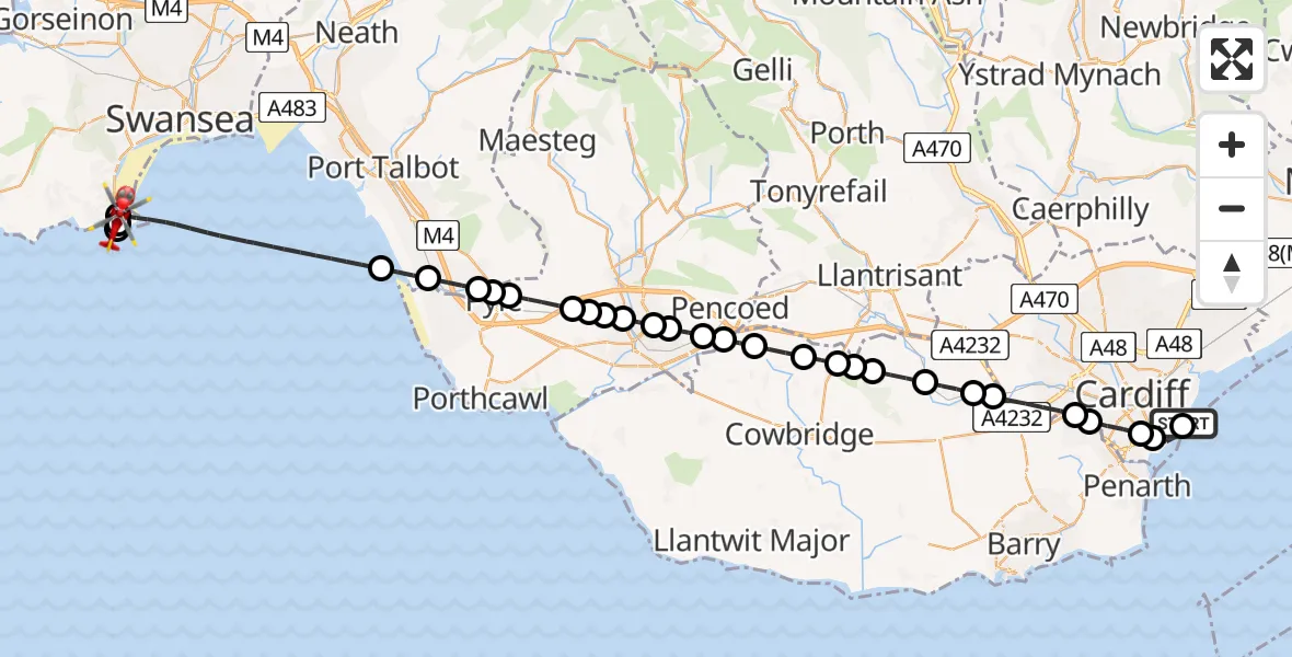 Flight path map showing Air Ambulance Helicopter route from Cardiff Heliport to Mumbles