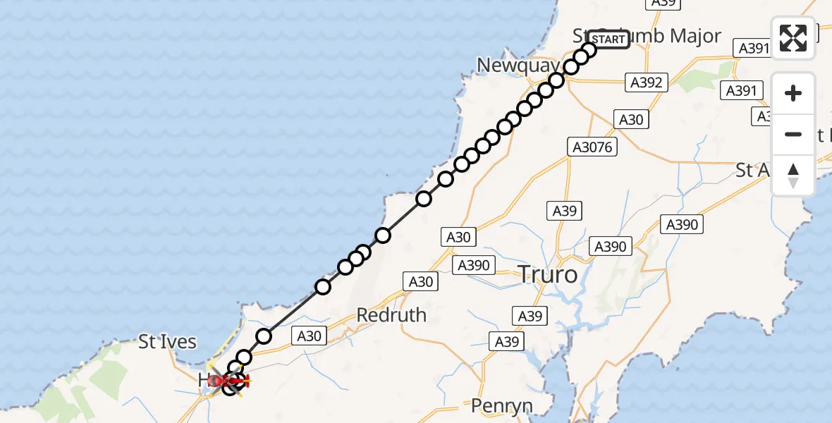 Flight path map showing Air Ambulance Helicopter route from Cornwall Airport Newquay to Phillack