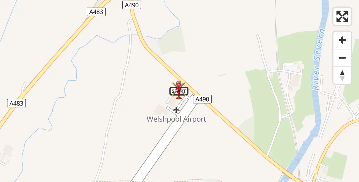Flight path map showing Air Ambulance Helicopter route from Welshpool Airport to Welshpool Airport