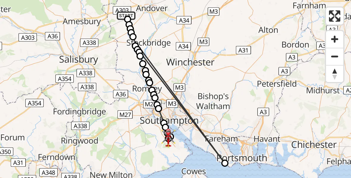 Flight path map showing Air Ambulance Helicopter route from Amport to Dibden Purlieu