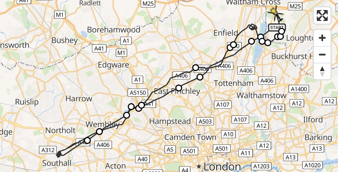 Routekaart van de vlucht: Police Helicopter to Epping Forest, Avey Lane