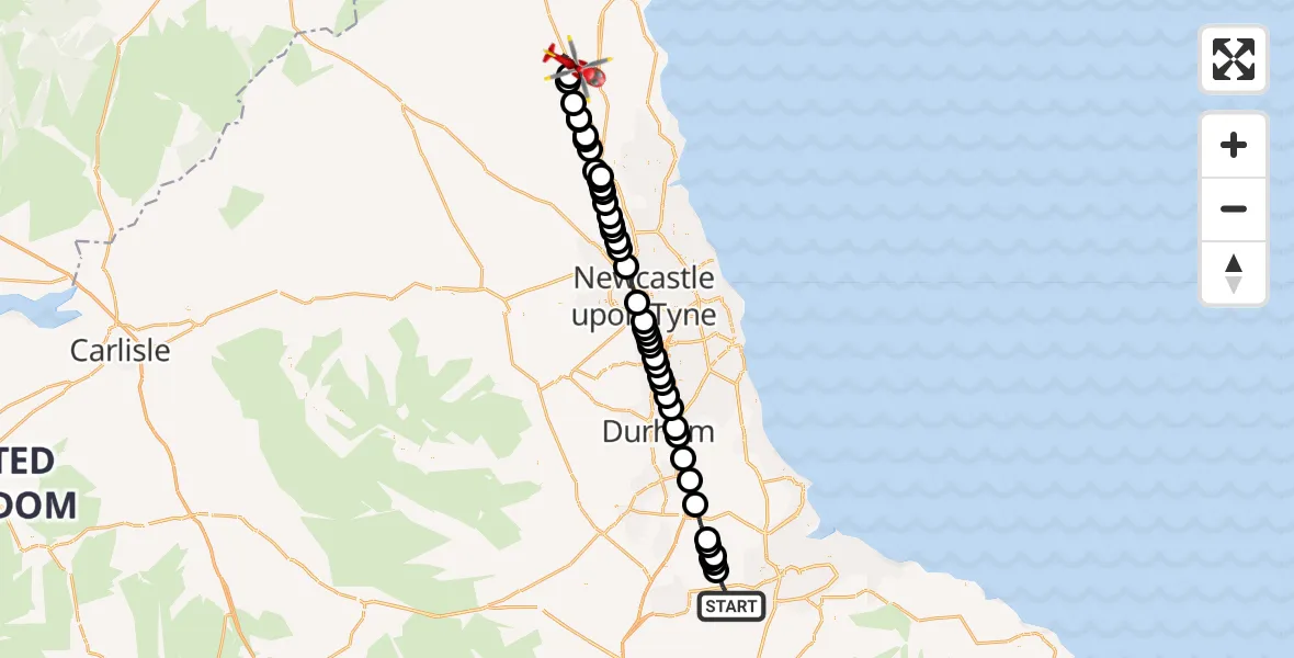Flight path map showing Air Ambulance Helicopter route from Longnewton to Longframlington