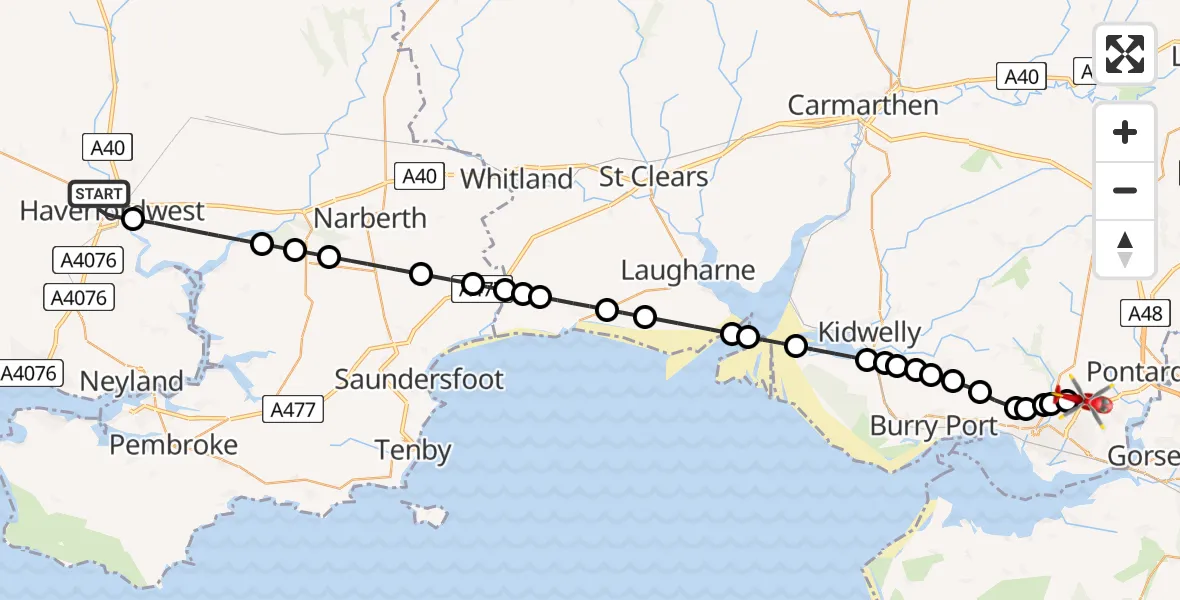 Routekaart van de vlucht: Air Ambulance Helicopter to Dafen, Heol Aur