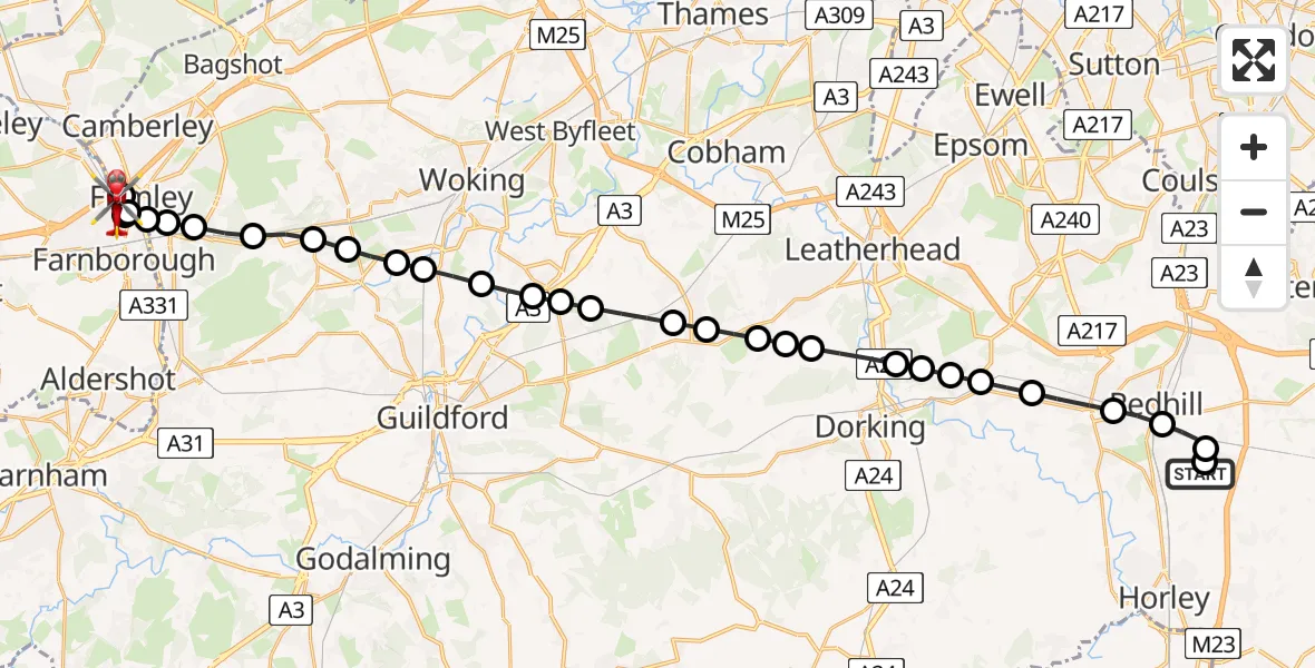 Flight path map showing Air Ambulance Helicopter route from Redhill Aerodrome to Farnborough