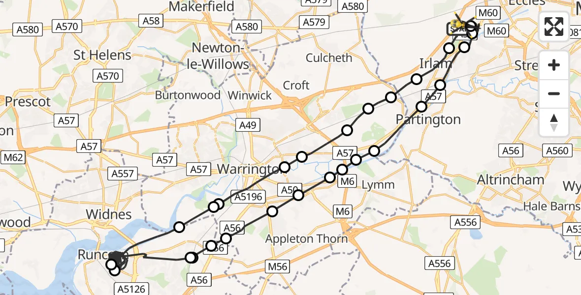 Flight path map showing Police Helicopter route from Manchester Barton Aerodrome to Manchester Barton Aerodrome