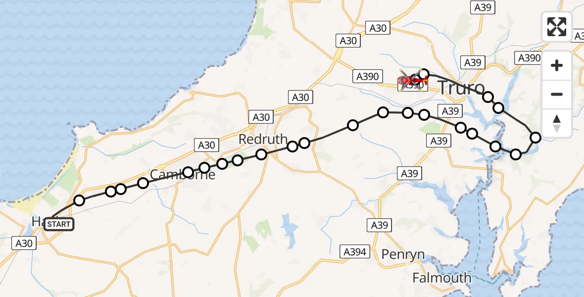 Flight path map showing Air Ambulance Helicopter route from Phillack to Treliske Hospital