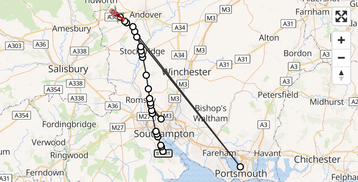 Flight path map showing Air Ambulance Helicopter route from Dibden Purlieu to Thruxton