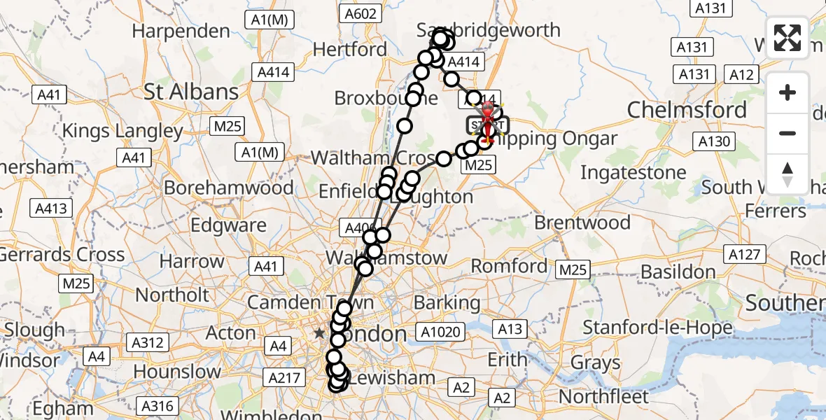 Flight path map showing Air Ambulance Helicopter route from North Weald Airfield to North Weald Airfield