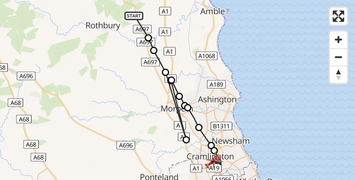 Flight path map showing Air Ambulance Helicopter route from Longframlington to Cramlington