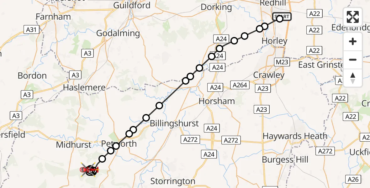 Flight path map showing Air Ambulance Helicopter route from Redhill Aerodrome to Graffham