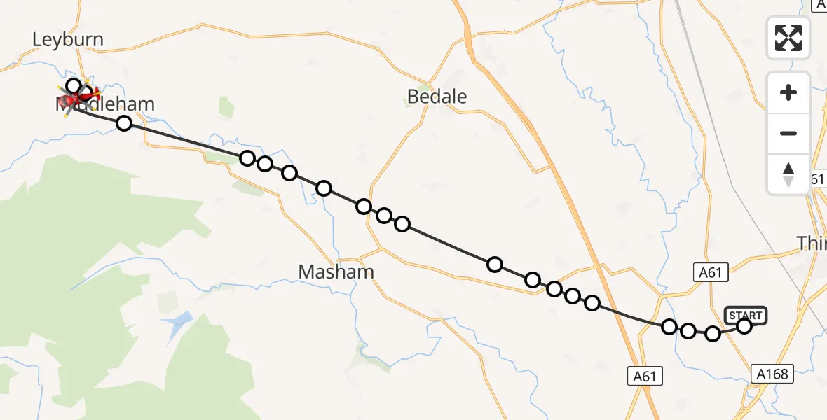 Flight path map showing Air Ambulance Helicopter route from RAF Topcliffe to Middleham