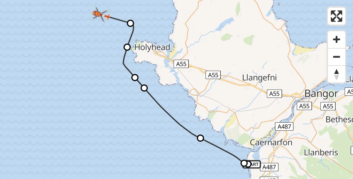 Flight path map showing Coastguard Helicopter route from Caernarfon Airport to Irish Sea