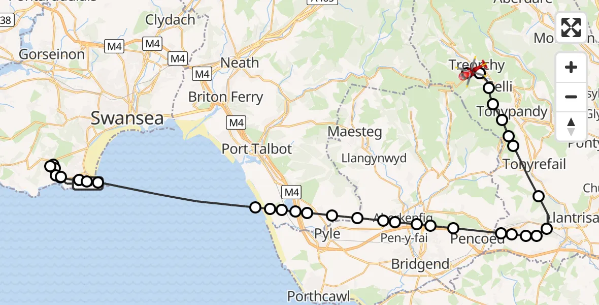 Flight path map showing Air Ambulance Helicopter route from Mumbles to Treorchy