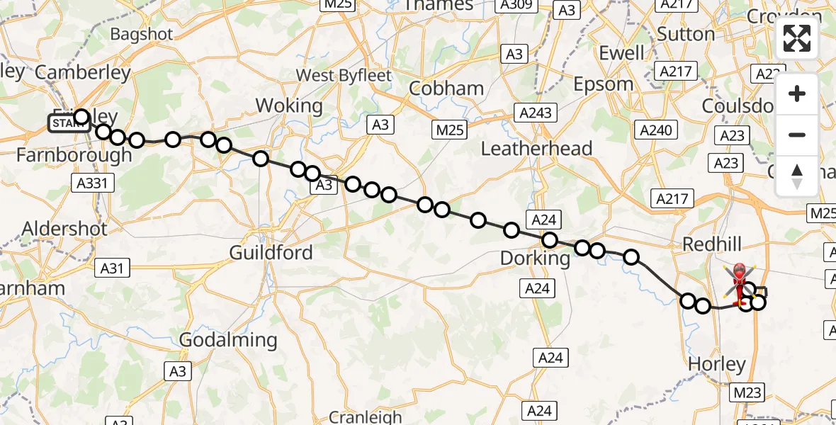 Flight path map showing Air Ambulance Helicopter route from Farnborough to Redhill Aerodrome