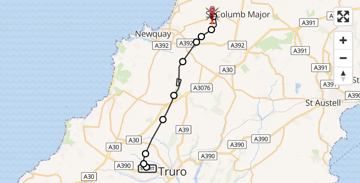 Flight path map showing Air Ambulance Helicopter route from Treliske Hospital to Cornwall Airport Newquay
