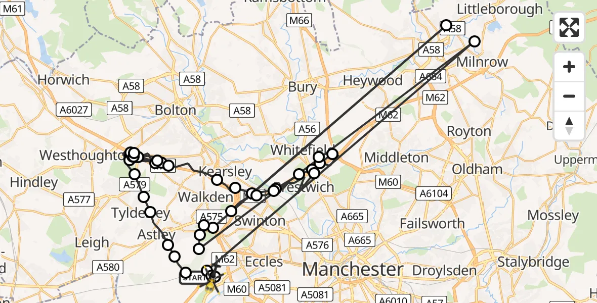 Flight path map showing Police Helicopter route from Irlam to Worsley