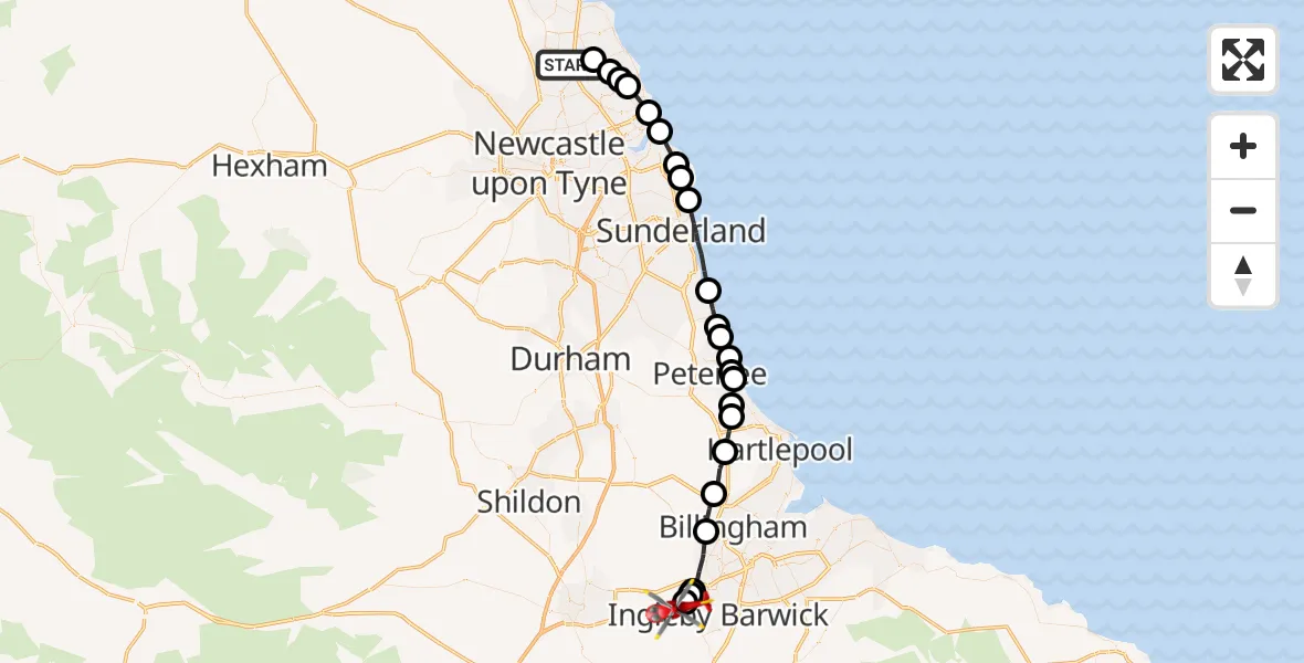 Flight path map showing Air Ambulance Helicopter route from Cramlington to Egglescliffe