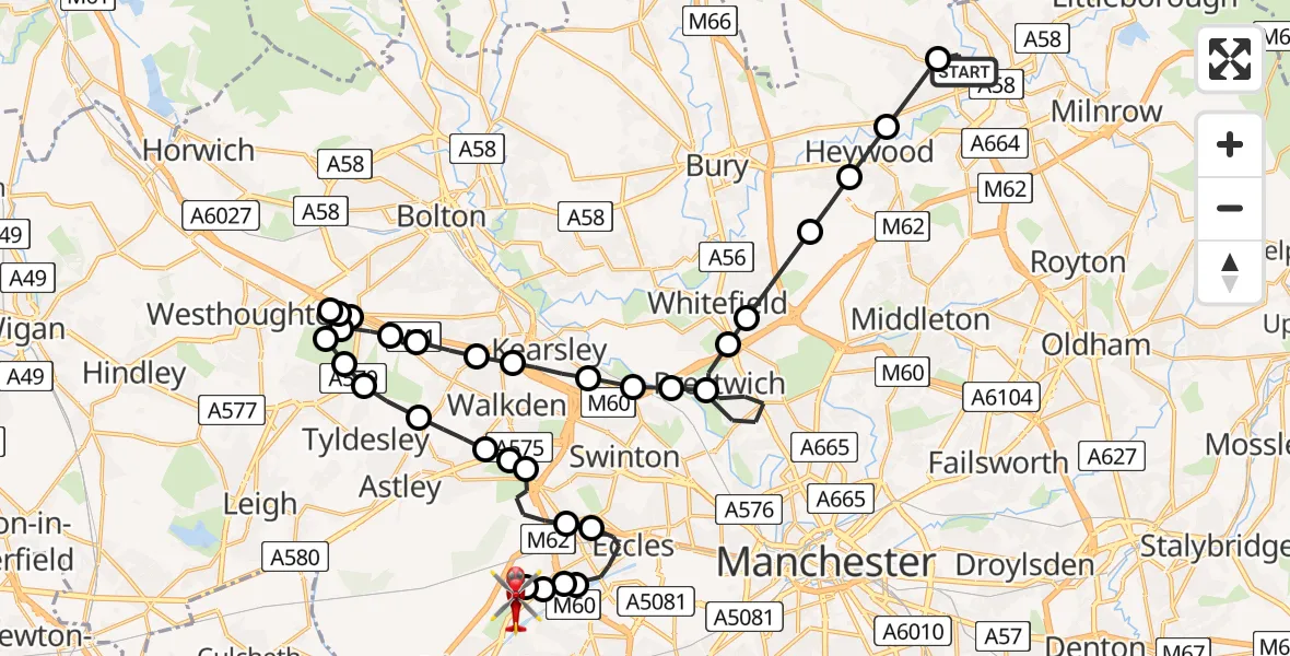 Flight path map showing Air Ambulance Helicopter route from Rochdale to Manchester Barton Aerodrome