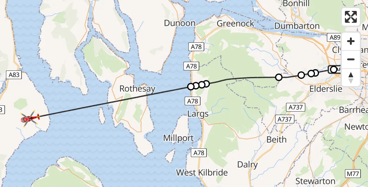 Flight path map showing Air Ambulance Helicopter route from Glasgow Airport to Inner Seas