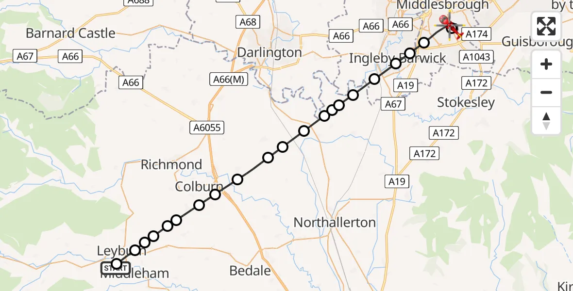 Routekaart van de vlucht: Air Ambulance Helicopter to James Cook University Hospital