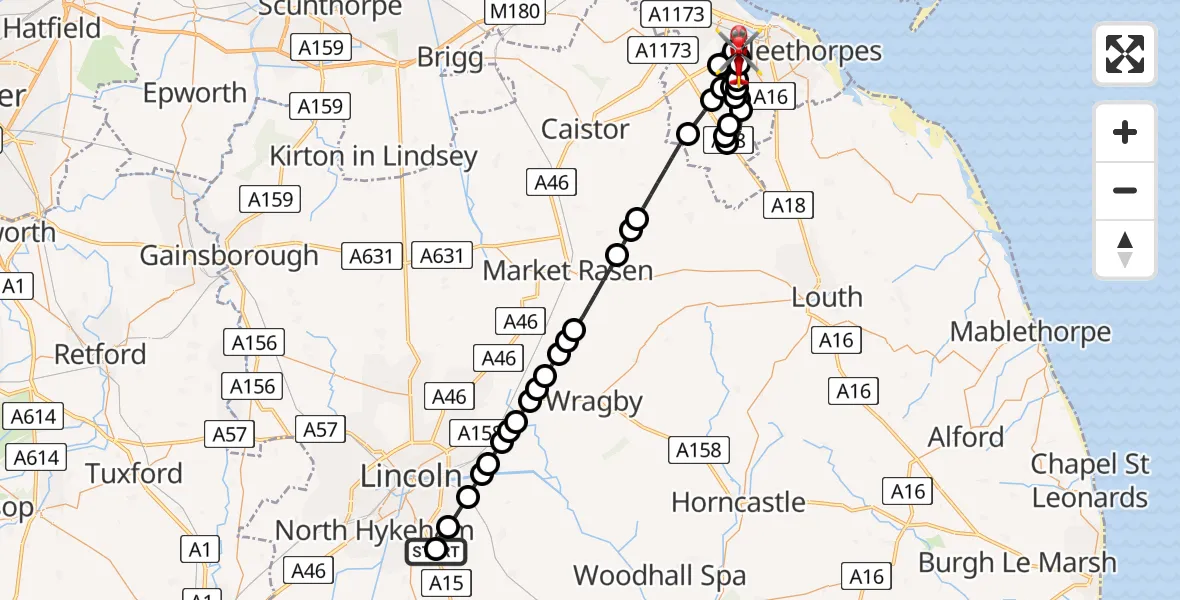 Flight path map showing Air Ambulance Helicopter route from RAF Waddington to Grimsby