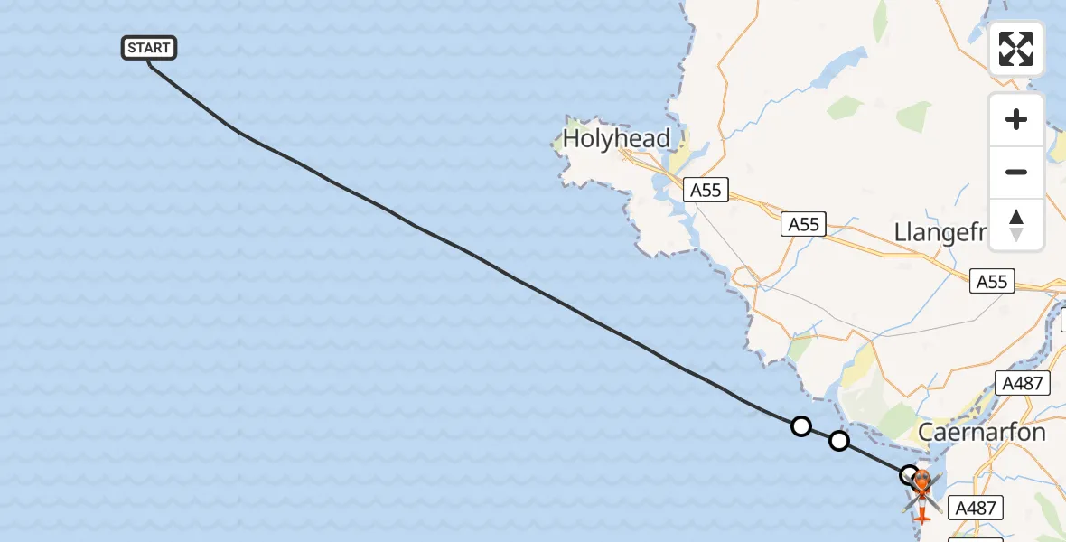 Flight path map showing Coastguard Helicopter route from Irish Sea to Caernarfon Airport