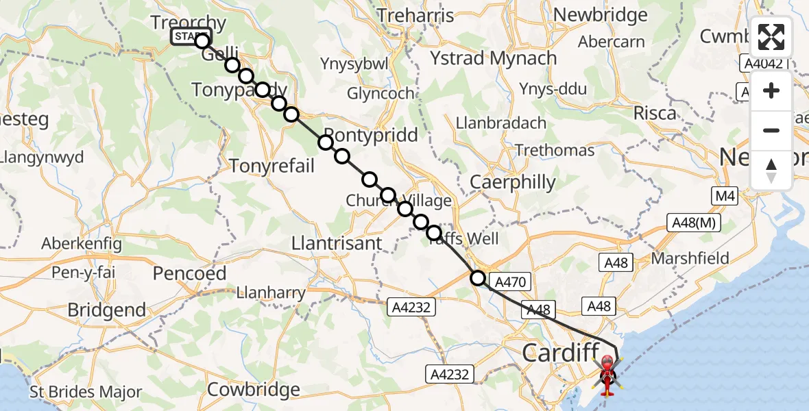Routekaart van de vlucht: Air Ambulance Helicopter to Cardiff Heliport
